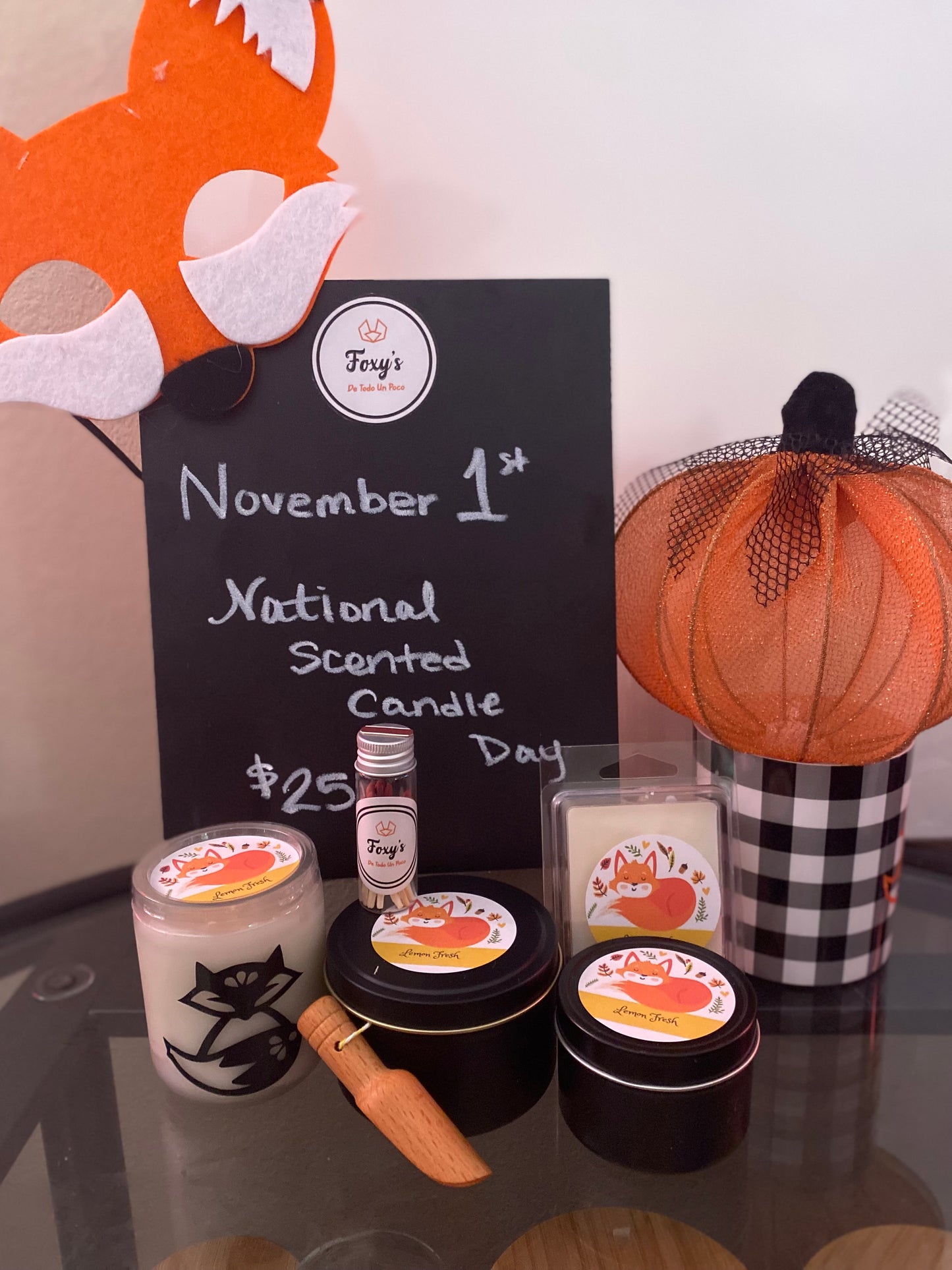 Bundle: 7 oz Glass Jar Scented Candle, 8.5 oz Scented Candle, 4 oz Scented Candle mini wax melts tin with free scooper, 2.4 oz Cube Candle Melts, and one free Glass Jar filled with Matches